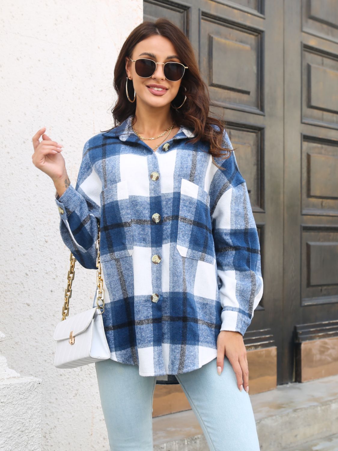 Plaid Button Up Collared Neck Long Sleeve Shirt-Long Sleeve Tops-Krush Kandy, Women's Online Fashion Boutique Located in Phoenix, Arizona (Scottsdale Area)