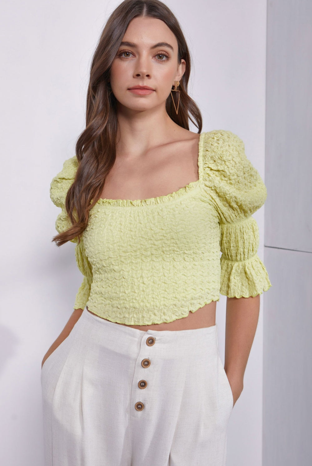 MUSTARD SEED Crinkle Texture Puff Sleeve Crop Top-Krush Kandy, Women's Online Fashion Boutique Located in Phoenix, Arizona (Scottsdale Area)