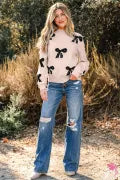 Pearl Embellished Bow Pattern Loose Sweater-Sweater-Krush Kandy, Women's Online Fashion Boutique Located in Phoenix, Arizona (Scottsdale Area)