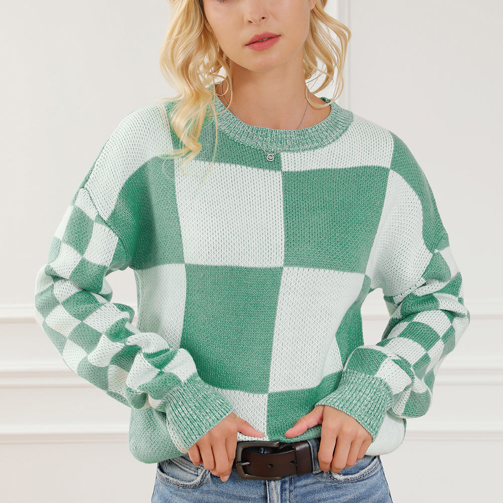 Checkered Drop Shoulder Long Sleeve Sweater-Krush Kandy, Women's Online Fashion Boutique Located in Phoenix, Arizona (Scottsdale Area)