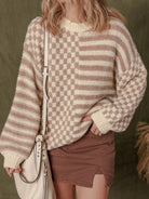 Stripe Checkerboard Drop Shoulder Balloon Sleeve Sweater-Sweaters-Krush Kandy, Women's Online Fashion Boutique Located in Phoenix, Arizona (Scottsdale Area)