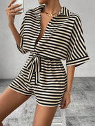 Tie Waist Half Button Striped Romper-Jumpsuits & Rompers-Krush Kandy, Women's Online Fashion Boutique Located in Phoenix, Arizona (Scottsdale Area)