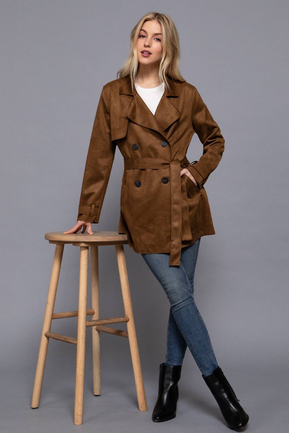 Long Sleeve Lapel Collar Self Belted Faux Suede Trench Coat-Coats-Krush Kandy, Women's Online Fashion Boutique Located in Phoenix, Arizona (Scottsdale Area)