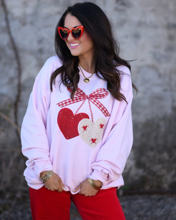 Faux Crochet Heart Sweatshirt-Graphic Tees-Krush Kandy, Women's Online Fashion Boutique Located in Phoenix, Arizona (Scottsdale Area)