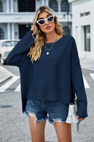 High-Low Slit Round Neck Long Sleeve Sweater-Krush Kandy, Women's Online Fashion Boutique Located in Phoenix, Arizona (Scottsdale Area)