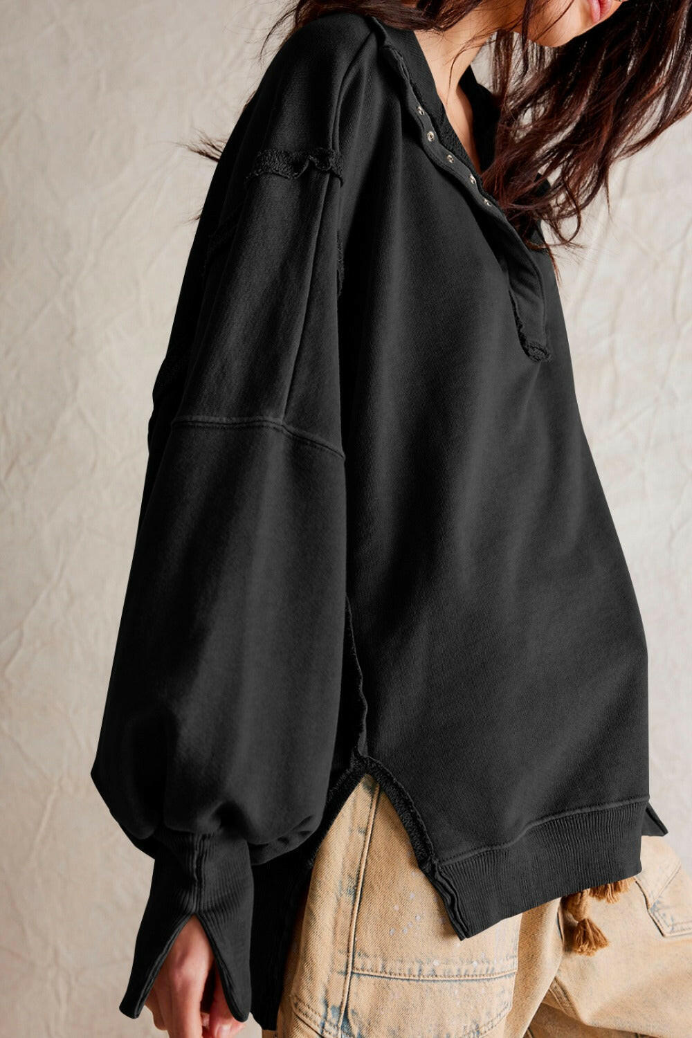 Exposed Seam Side Slit Long Sleeve Sweatshirt-Krush Kandy, Women's Online Fashion Boutique Located in Phoenix, Arizona (Scottsdale Area)