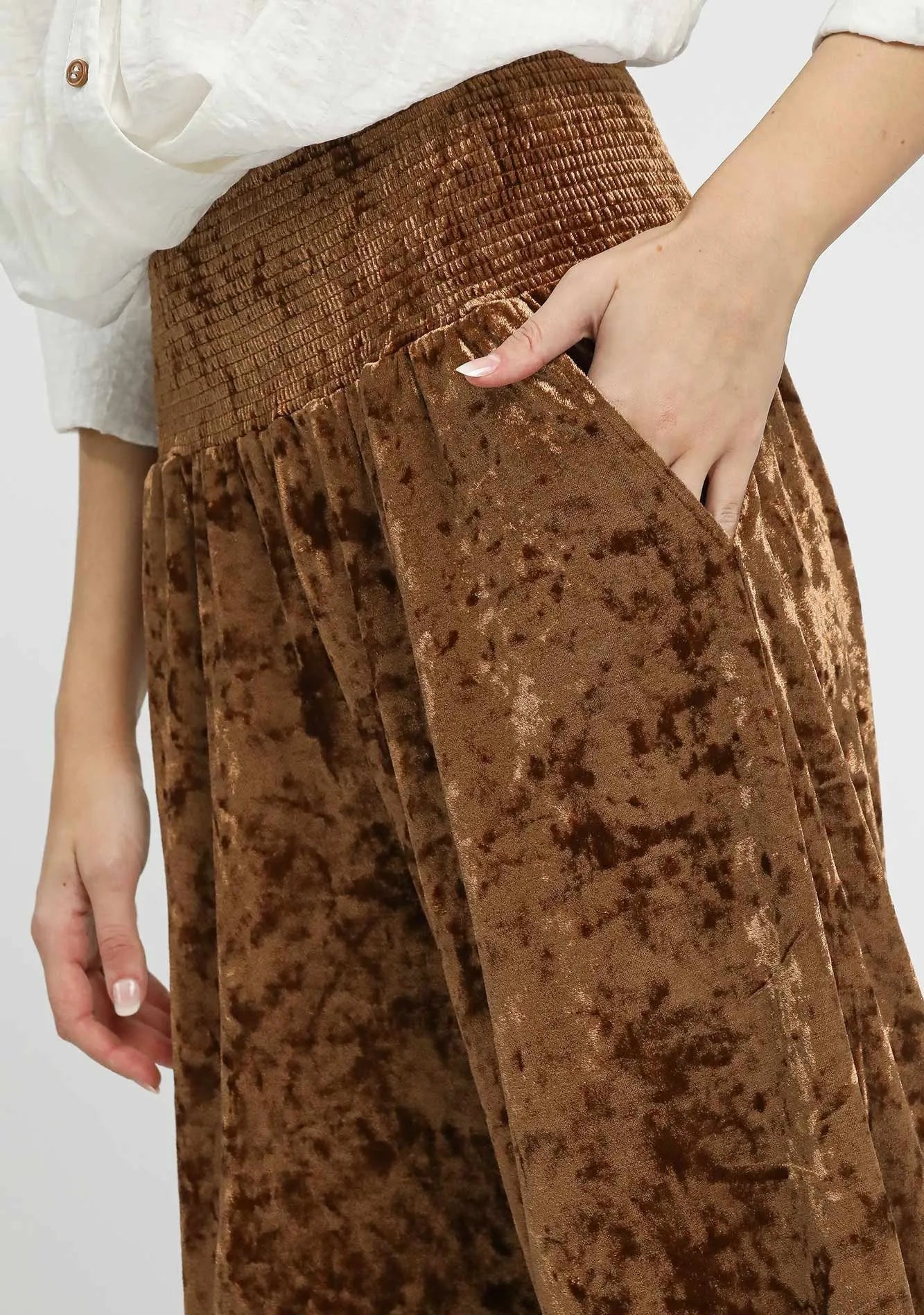 Umgee Velvet Smocked Waistband Wide Leg Pants-Pants-Krush Kandy, Women's Online Fashion Boutique Located in Phoenix, Arizona (Scottsdale Area)
