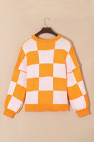 Pumpkin Checkered Round Neck Long Sleeve Sweater-Sweater-Krush Kandy, Women's Online Fashion Boutique Located in Phoenix, Arizona (Scottsdale Area)
