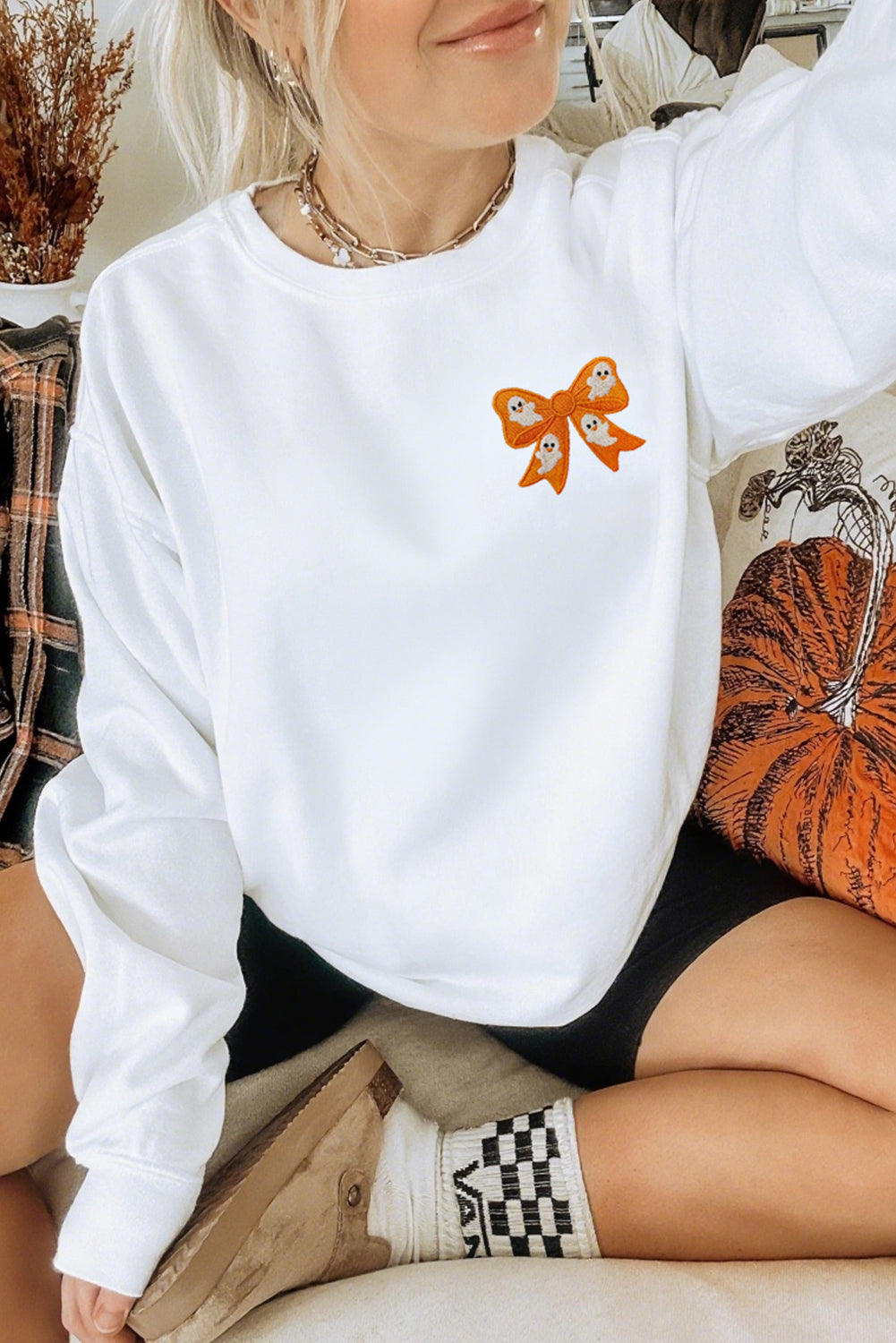 Embroidered Ghost Halloween Bow Sweatshirt-Sweaters-Krush Kandy, Women's Online Fashion Boutique Located in Phoenix, Arizona (Scottsdale Area)