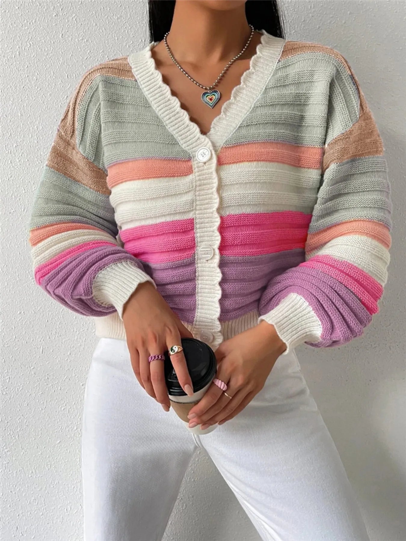 Rainbow Striped Cropped Cardigan with Balloon Sleeves-Cardigan-Krush Kandy, Women's Online Fashion Boutique Located in Phoenix, Arizona (Scottsdale Area)
