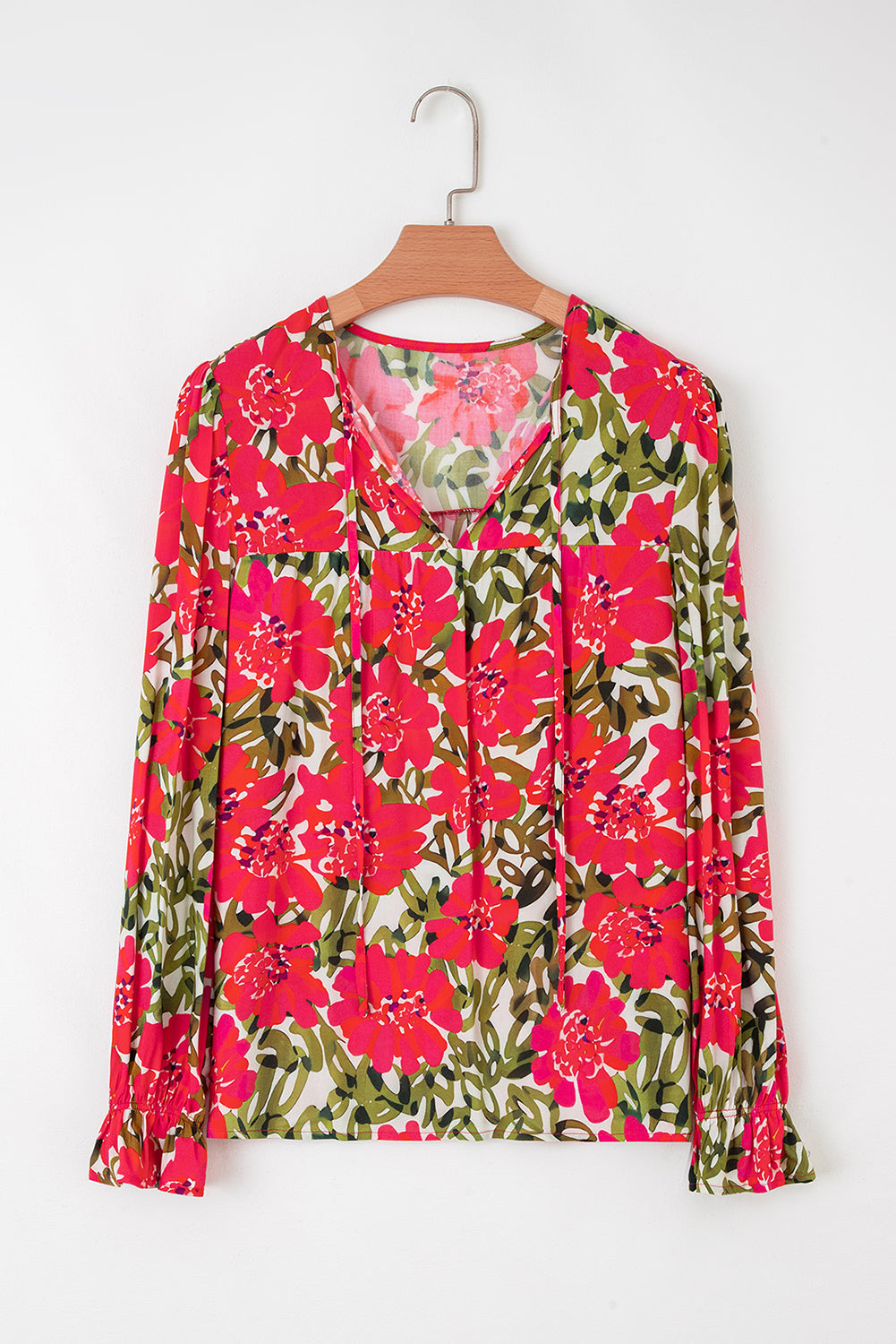 Red Floral Ruffle Tie Blouse-Long Sleeve Tops-Krush Kandy, Women's Online Fashion Boutique Located in Phoenix, Arizona (Scottsdale Area)