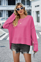 High-Low Slit Round Neck Long Sleeve Sweater-Krush Kandy, Women's Online Fashion Boutique Located in Phoenix, Arizona (Scottsdale Area)