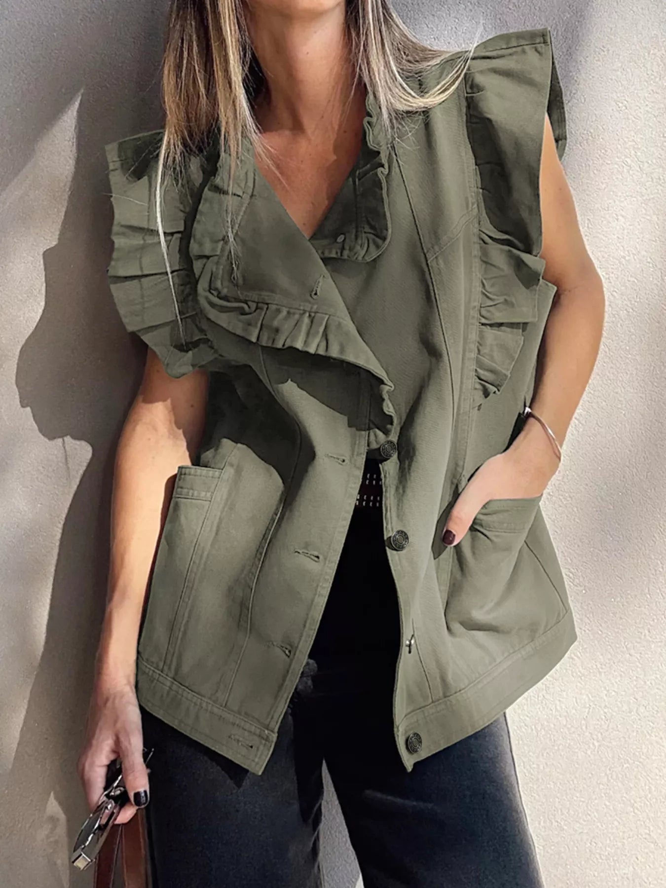 Ruffled Patchwork Denim Jacket Vest-Krush Kandy, Women's Online Fashion Boutique Located in Phoenix, Arizona (Scottsdale Area)