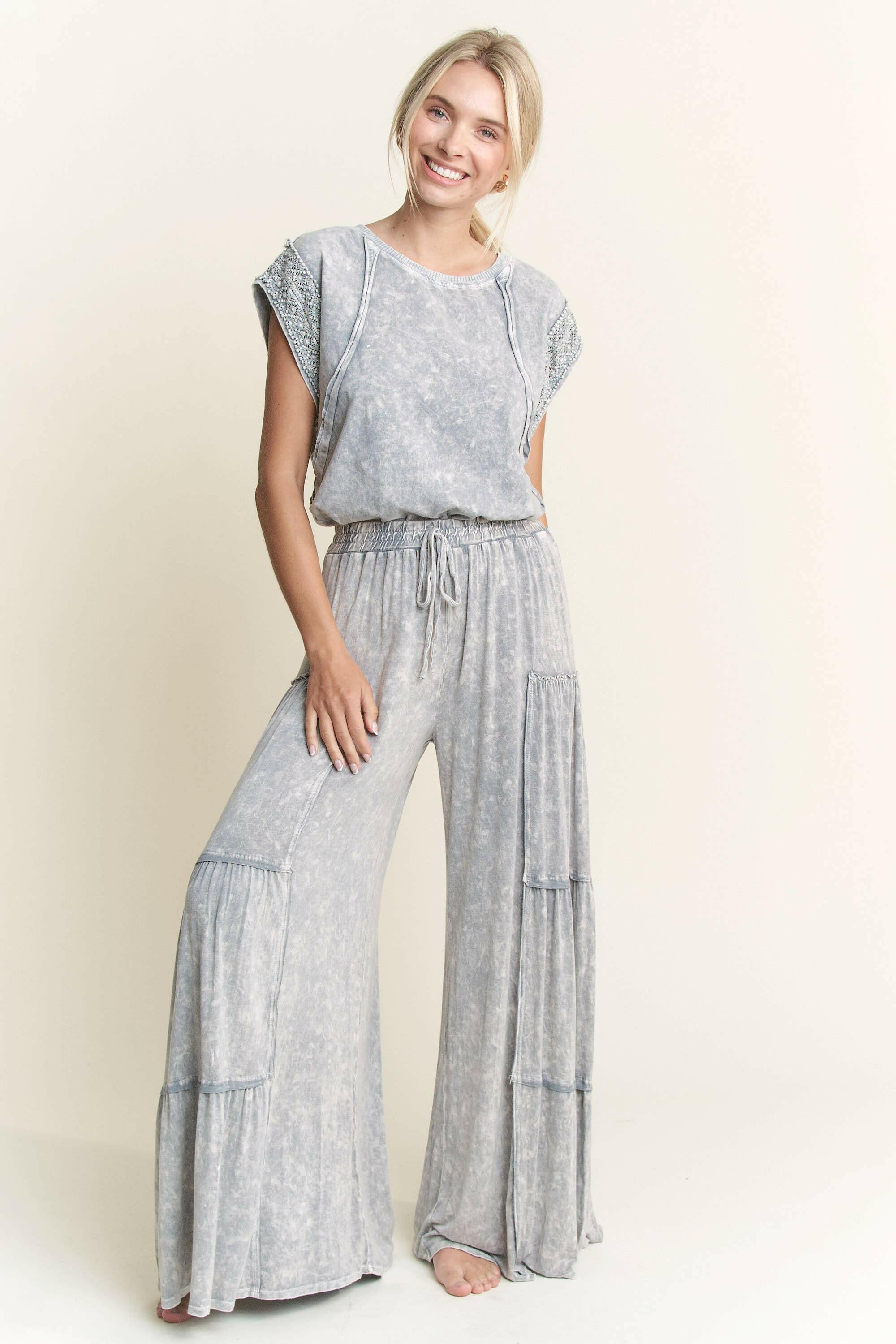 Mineral Wash Trim Cap Sleeve Blouse-Tops-Krush Kandy, Women's Online Fashion Boutique Located in Phoenix, Arizona (Scottsdale Area)