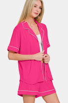 Zenana Button Down Short Sleeve Top and Shorts Lounge Set-Loungewear-Krush Kandy, Women's Online Fashion Boutique Located in Phoenix, Arizona (Scottsdale Area)