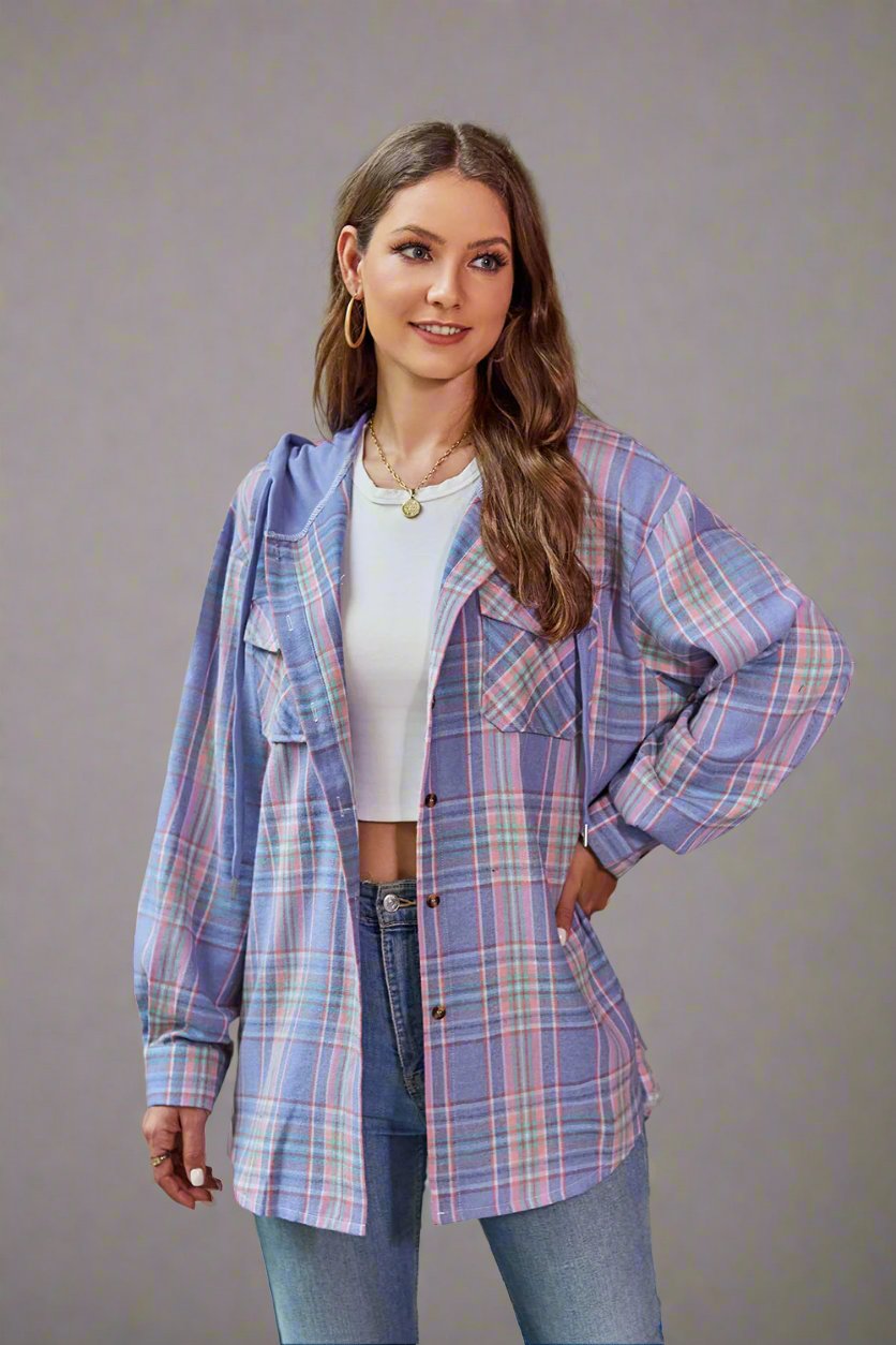 Mandy Holiday Plaid Long Sleeve Hooded Jacket-Shackets-Krush Kandy, Women's Online Fashion Boutique Located in Phoenix, Arizona (Scottsdale Area)