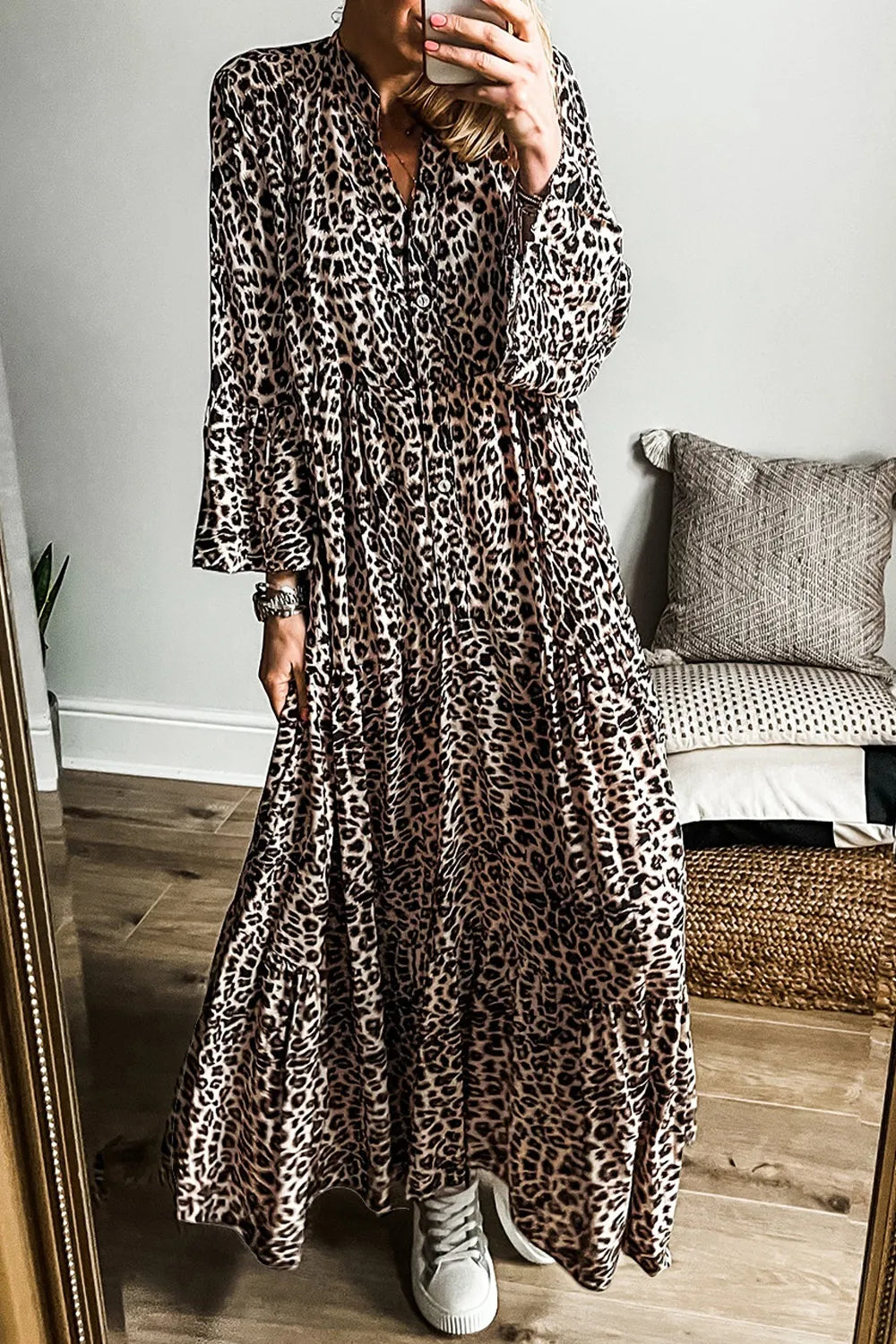 Leopard Notched Long Sleeve Maxi Dress-Dresses-Krush Kandy, Women's Online Fashion Boutique Located in Phoenix, Arizona (Scottsdale Area)