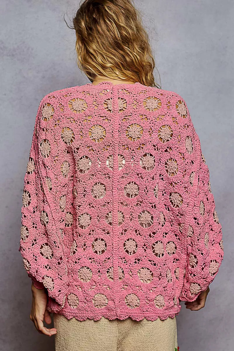 POL Openwork V-Neck Chenille Cardigan with Contrast Floral-Cardigan-Krush Kandy, Women's Online Fashion Boutique Located in Phoenix, Arizona (Scottsdale Area)