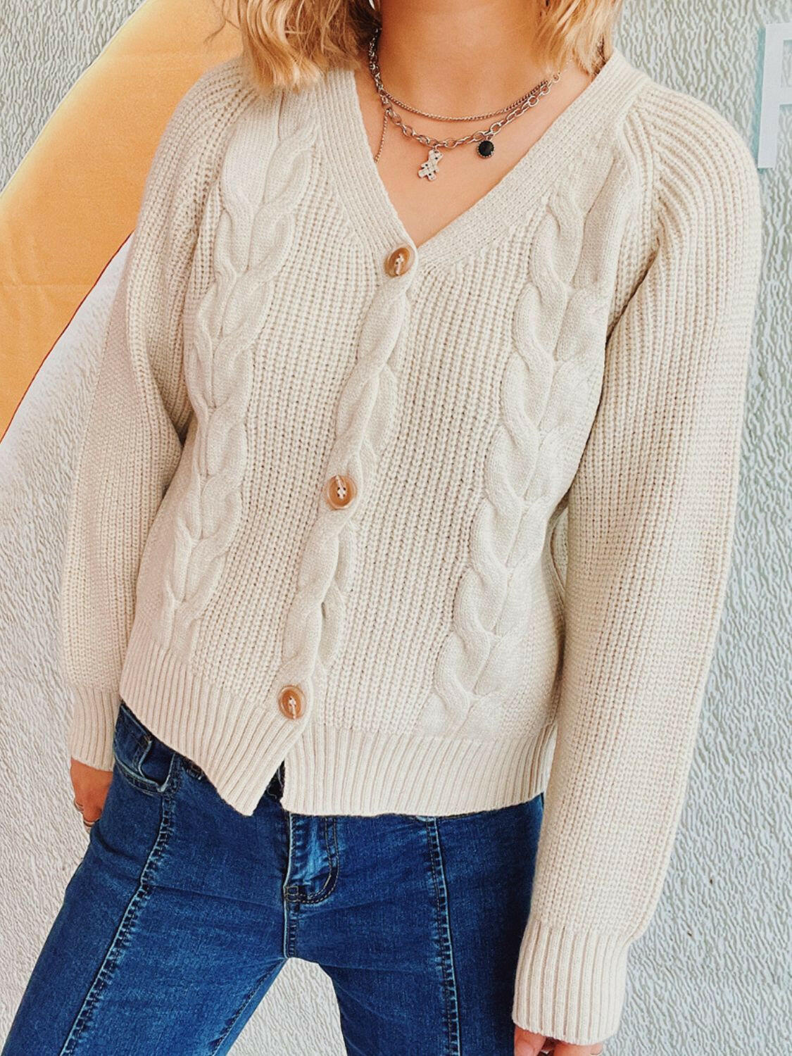 Cable-Knit V-Neck Button Down Long Sleeve Cardigan-Krush Kandy, Women's Online Fashion Boutique Located in Phoenix, Arizona (Scottsdale Area)