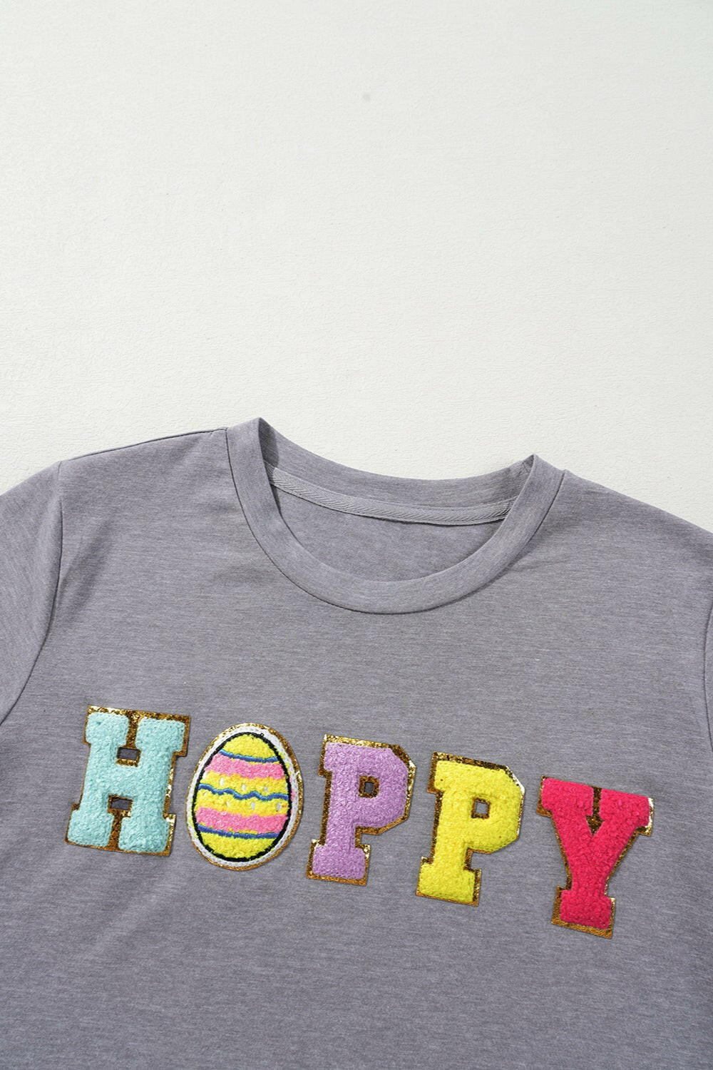 HOPPY Chenille Patch Round Neck Short Sleeve T-Shirt-Graphic Tees-Krush Kandy, Women's Online Fashion Boutique Located in Phoenix, Arizona (Scottsdale Area)