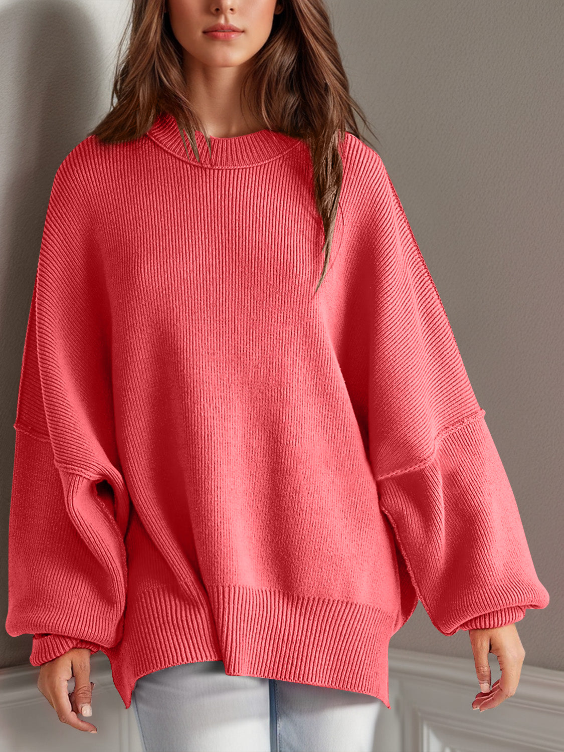 Double Take Side Slit Round Neck Long Sleeve Sweater-Sweaters-Krush Kandy, Women's Online Fashion Boutique Located in Phoenix, Arizona (Scottsdale Area)