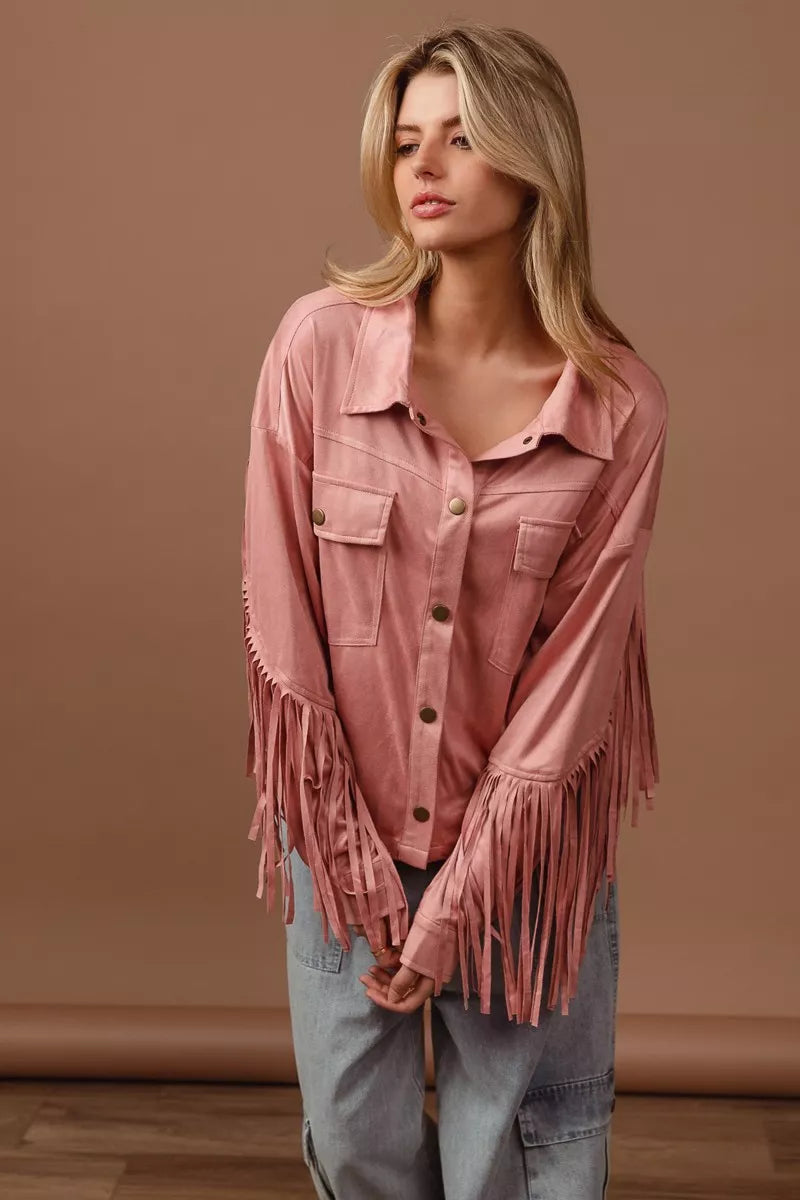 BiBi Suede Fringe Long Sleeve Jacket-Jacket-Krush Kandy, Women's Online Fashion Boutique Located in Phoenix, Arizona (Scottsdale Area)