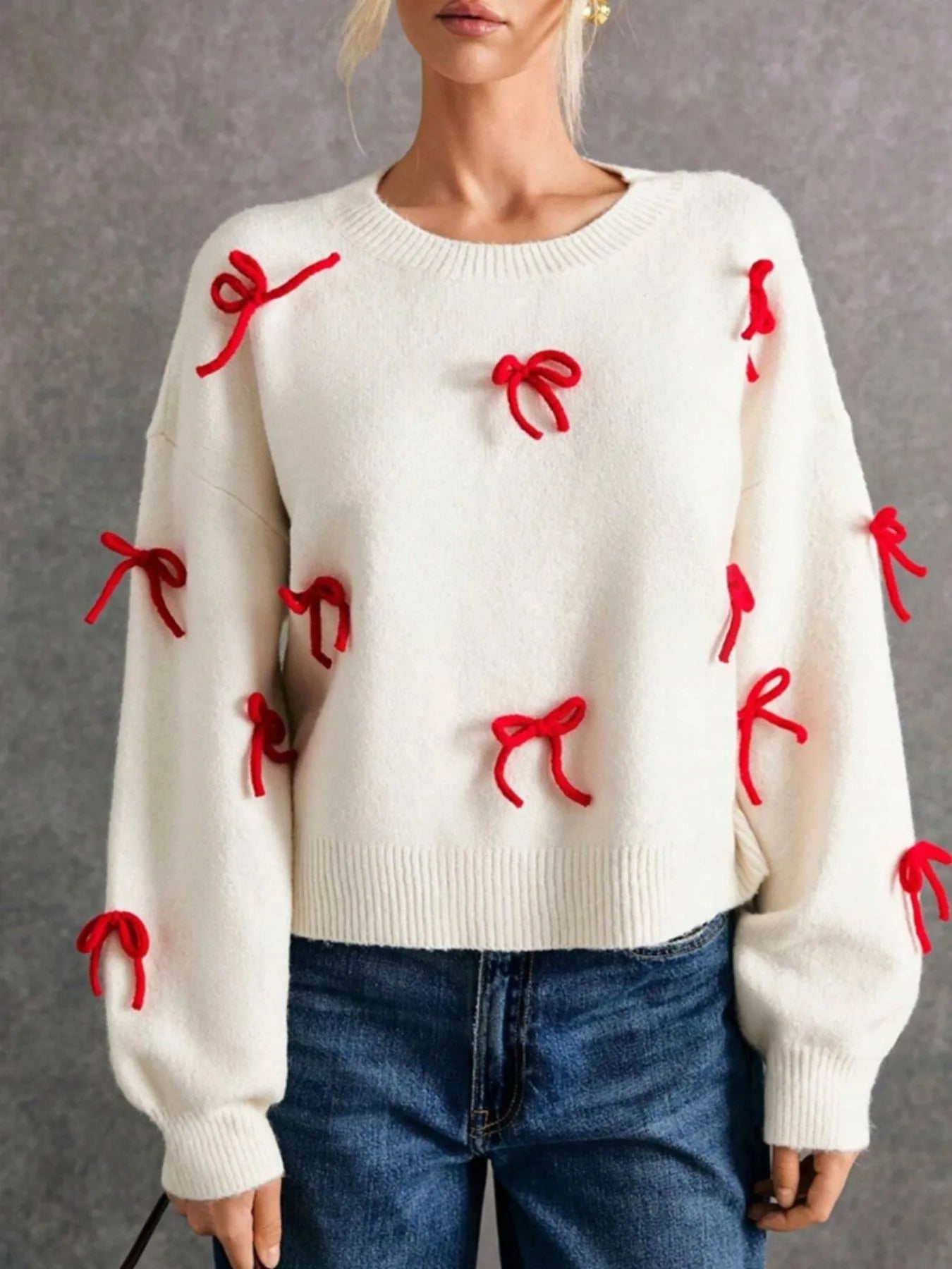 Bow Contrast Round Neck Long Sleeve Sweater-Krush Kandy, Women's Online Fashion Boutique Located in Phoenix, Arizona (Scottsdale Area)