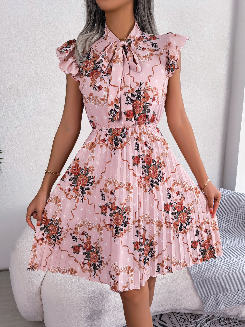 Garden Bloom Pleated Tie-Neck Dress-Dresses-Krush Kandy, Women's Online Fashion Boutique Located in Phoenix, Arizona (Scottsdale Area)