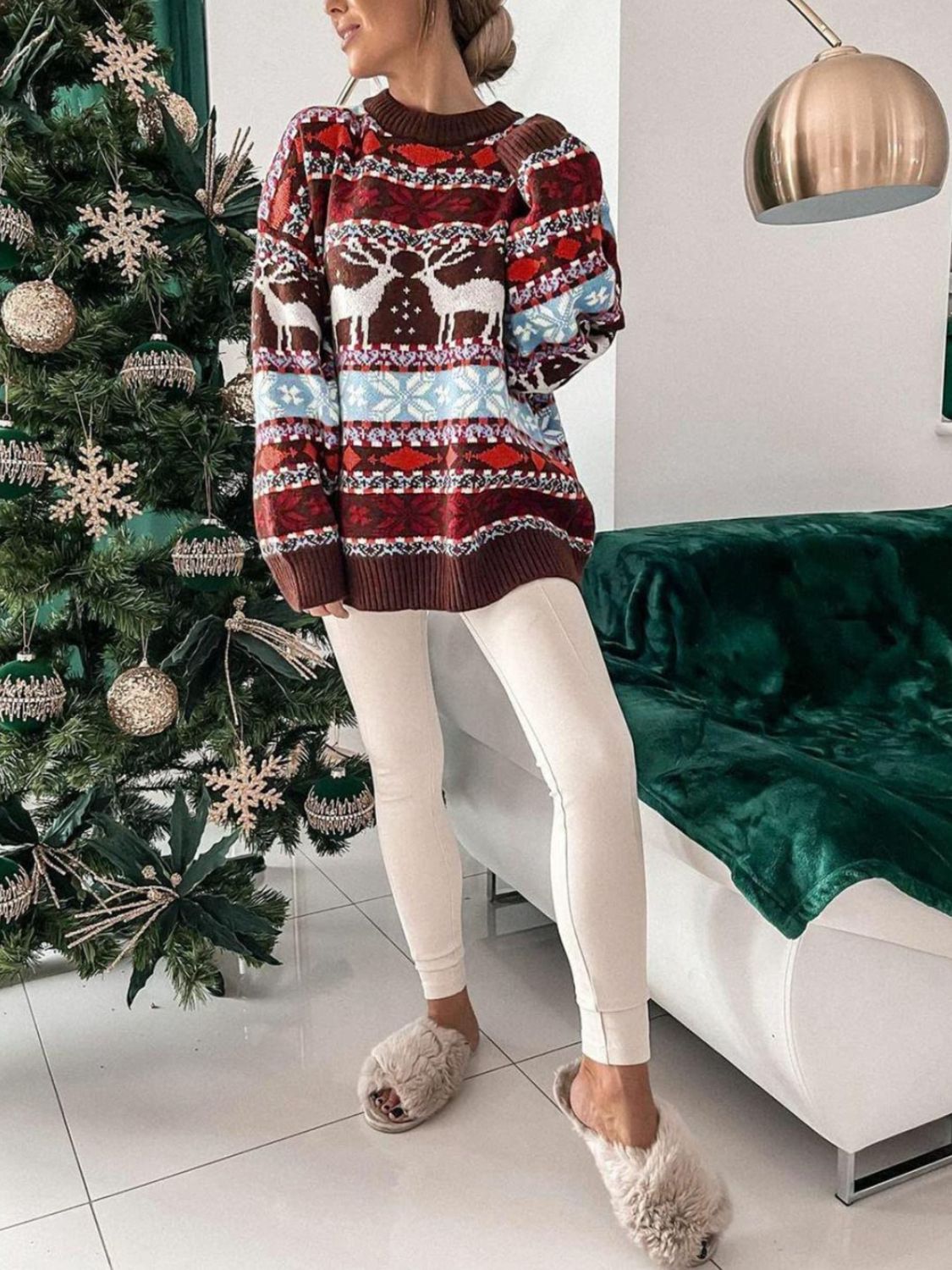 Geometric Round Neck Dropped Shoulder Sweater-Sweaters-Krush Kandy, Women's Online Fashion Boutique Located in Phoenix, Arizona (Scottsdale Area)