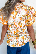 Ruffled Notched Short Sleeve Floral Blouse-Tops-Krush Kandy, Women's Online Fashion Boutique Located in Phoenix, Arizona (Scottsdale Area)