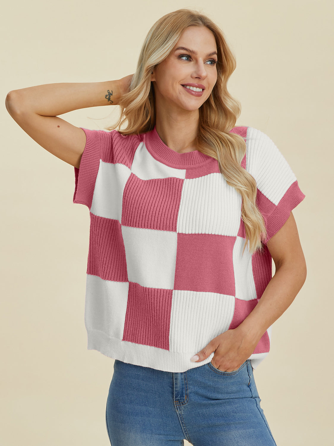 Double Take Full Size Checkered Round Neck Short Sleeve Sweater-Tops-Krush Kandy, Women's Online Fashion Boutique Located in Phoenix, Arizona (Scottsdale Area)