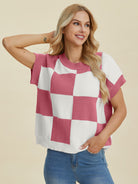 Double Take Full Size Checkered Round Neck Short Sleeve Sweater-Krush Kandy, Women's Online Fashion Boutique Located in Phoenix, Arizona (Scottsdale Area)