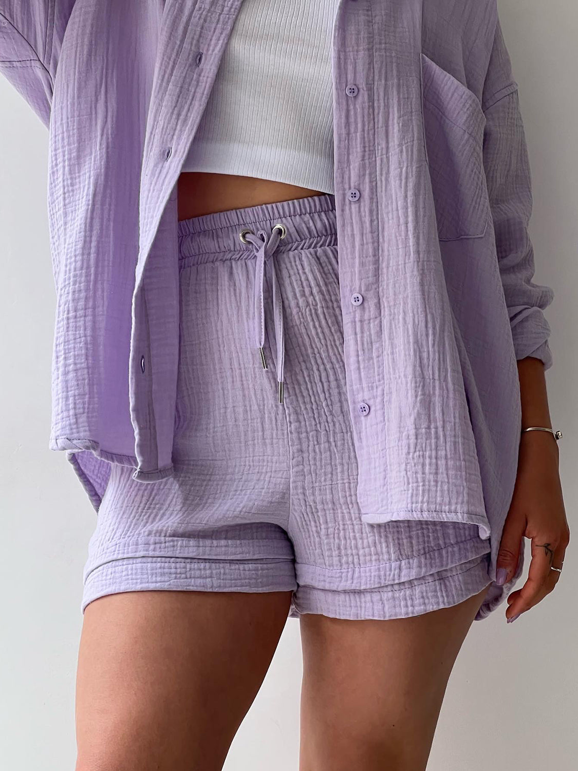 Texture Button Up Shirt and Drawstring Shorts Set-Krush Kandy, Women's Online Fashion Boutique Located in Phoenix, Arizona (Scottsdale Area)