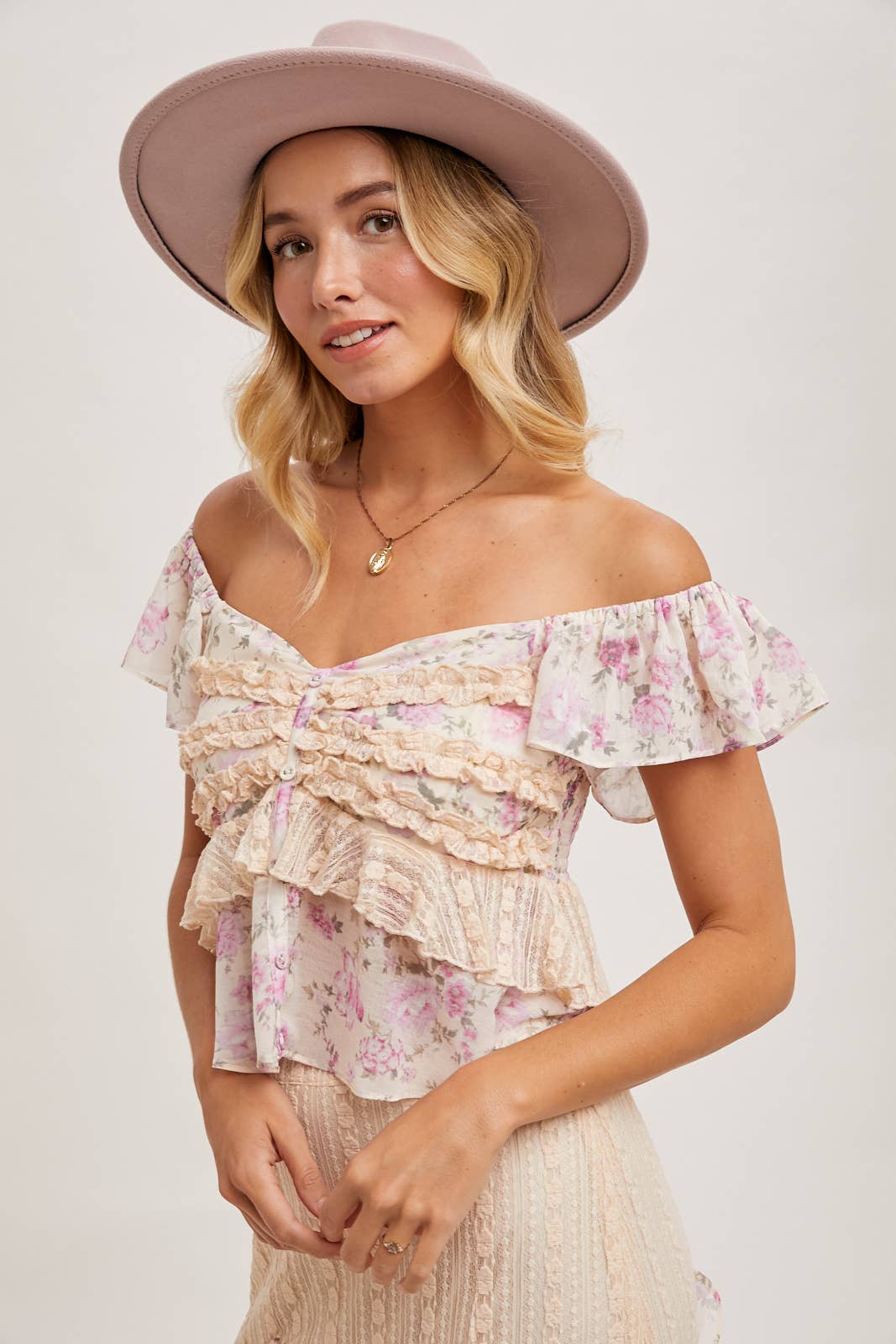 Floral Print Ruffle Lace Trimmed Sweetheart Neck Top-Tops-Krush Kandy, Women's Online Fashion Boutique Located in Phoenix, Arizona (Scottsdale Area)