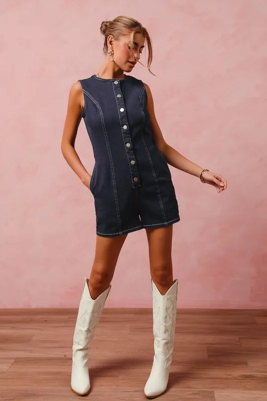 SO ME Button Up Front Washed Denim Sleeveless Romper-Jumpsuits & Rompers-Krush Kandy, Women's Online Fashion Boutique Located in Phoenix, Arizona (Scottsdale Area)