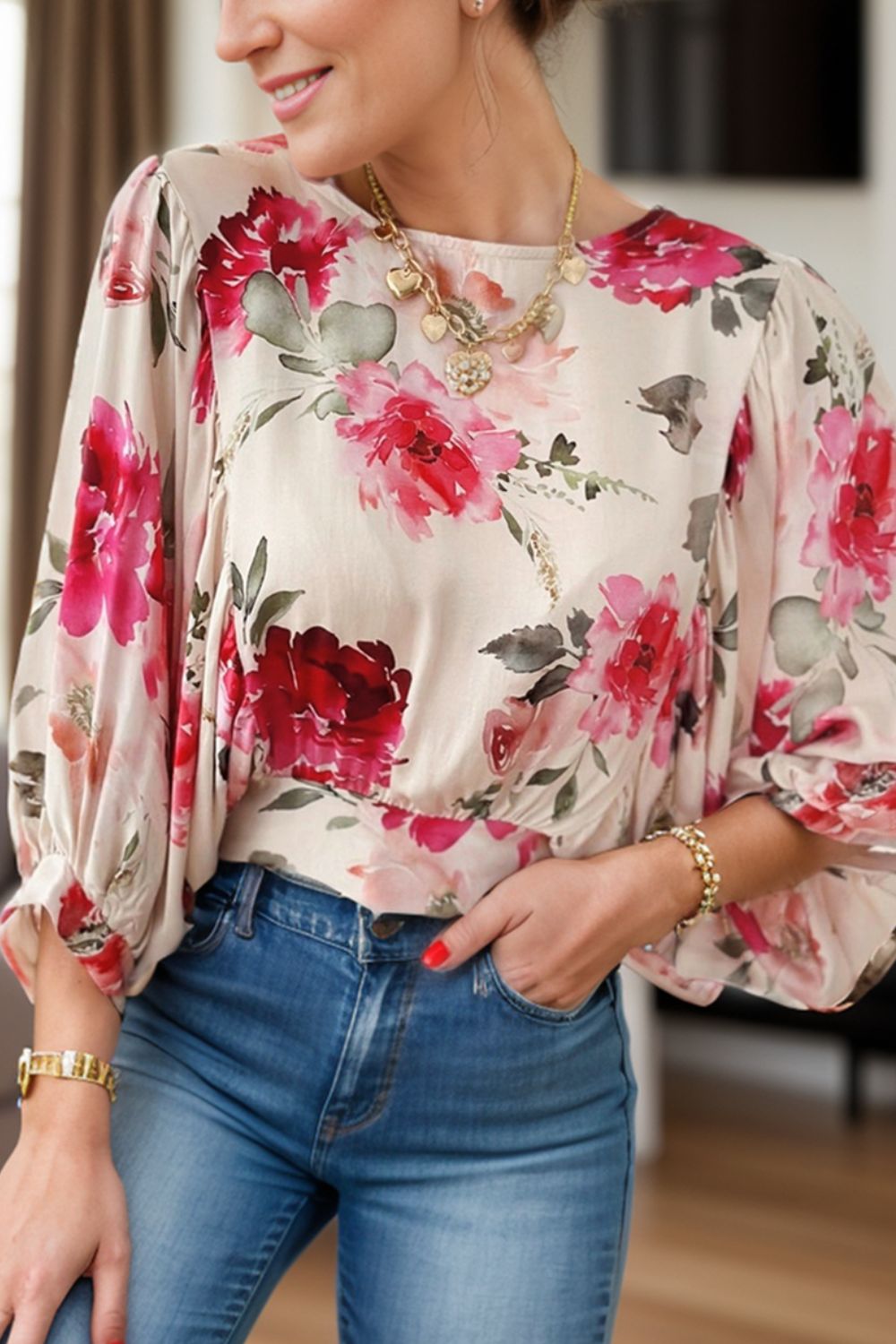 Tied Floral Round Neck Three-Quarter Sleeve Blouse-Tops-Krush Kandy, Women's Online Fashion Boutique Located in Phoenix, Arizona (Scottsdale Area)