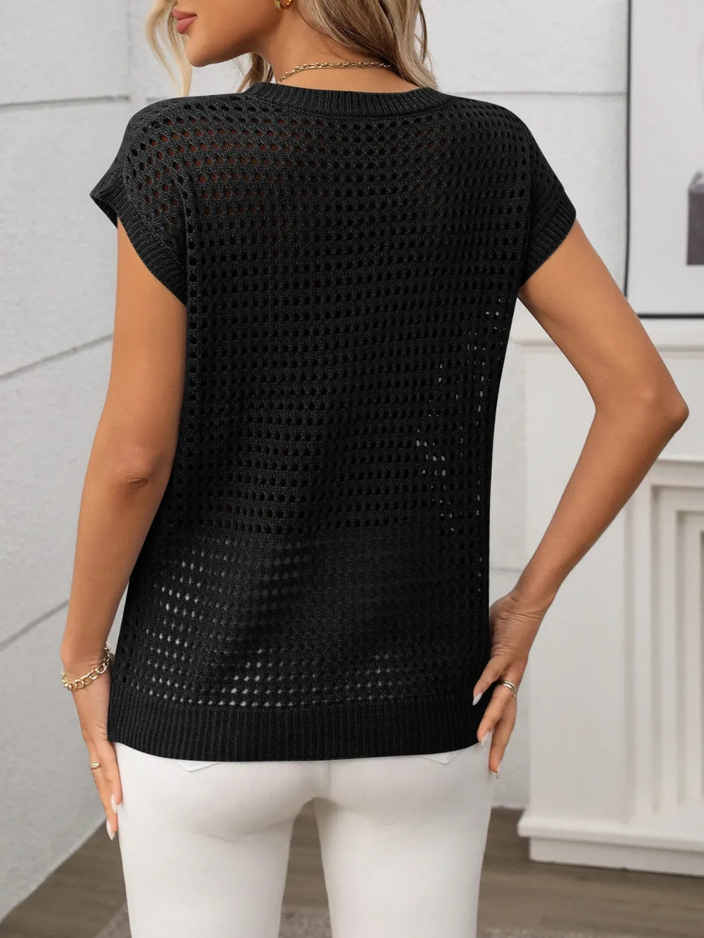Openwork Round Neck Short Sleeve Knit Cover Up-Krush Kandy, Women's Online Fashion Boutique Located in Phoenix, Arizona (Scottsdale Area)