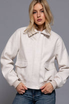 Long Sleeve Lapel Collar Soft Felt Bomber Jacket-Jackets-Krush Kandy, Women's Online Fashion Boutique Located in Phoenix, Arizona (Scottsdale Area)