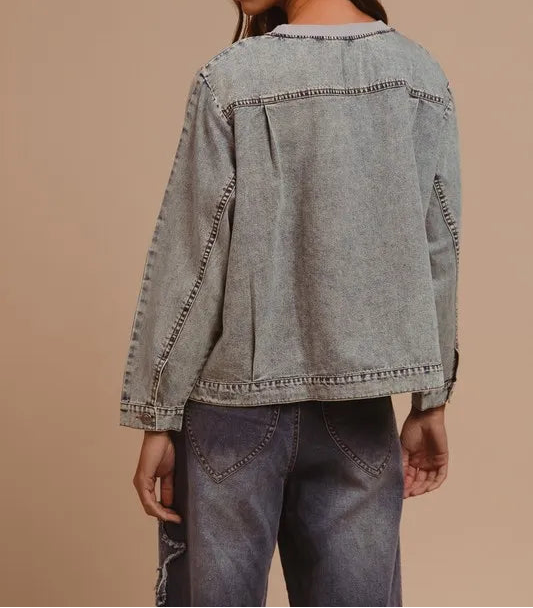 BiBi Mineral Washed Checkered Round Neck Denim Top-Sweater-Krush Kandy, Women's Online Fashion Boutique Located in Phoenix, Arizona (Scottsdale Area)