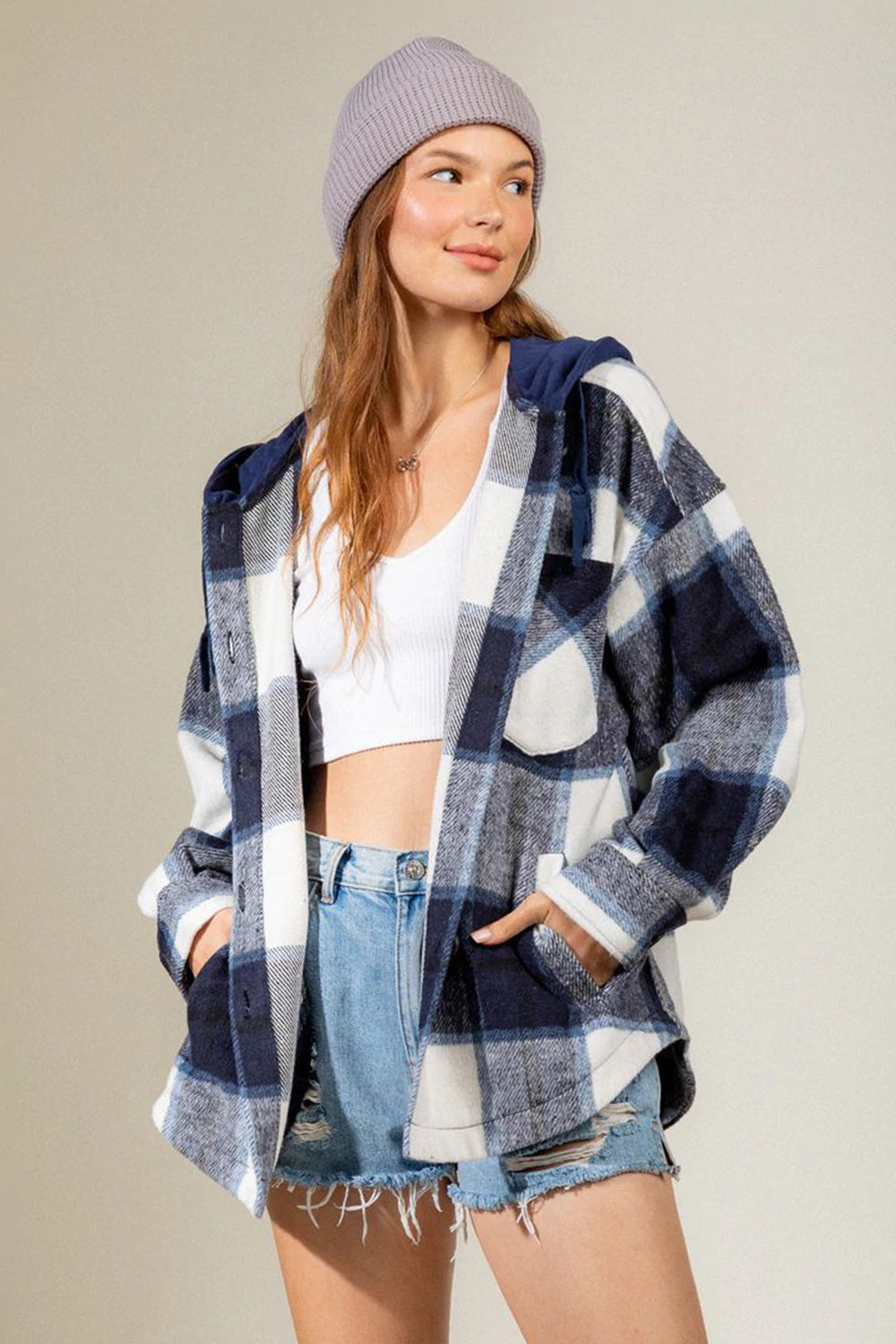 Drawstring Plaid Dropped Shoulder Hooded Shacket-Krush Kandy, Women's Online Fashion Boutique Located in Phoenix, Arizona (Scottsdale Area)