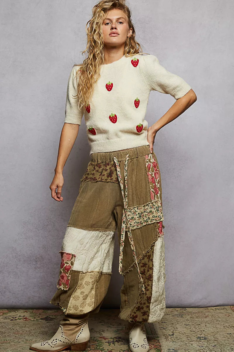 POL Round Neck Strawberry Patch Sweater with Shirring Shoulder-Sweater-Krush Kandy, Women's Online Fashion Boutique Located in Phoenix, Arizona (Scottsdale Area)