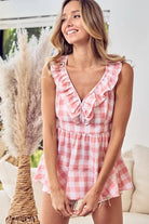 BiBi Ruffled Neckline Sleeveless Check Plaid Peplum Top-Tops-Krush Kandy, Women's Online Fashion Boutique Located in Phoenix, Arizona (Scottsdale Area)