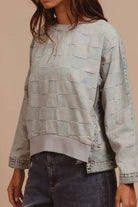 BiBi Mineral Washed Checkered Round Neck Denim Top-Sweater-Krush Kandy, Women's Online Fashion Boutique Located in Phoenix, Arizona (Scottsdale Area)