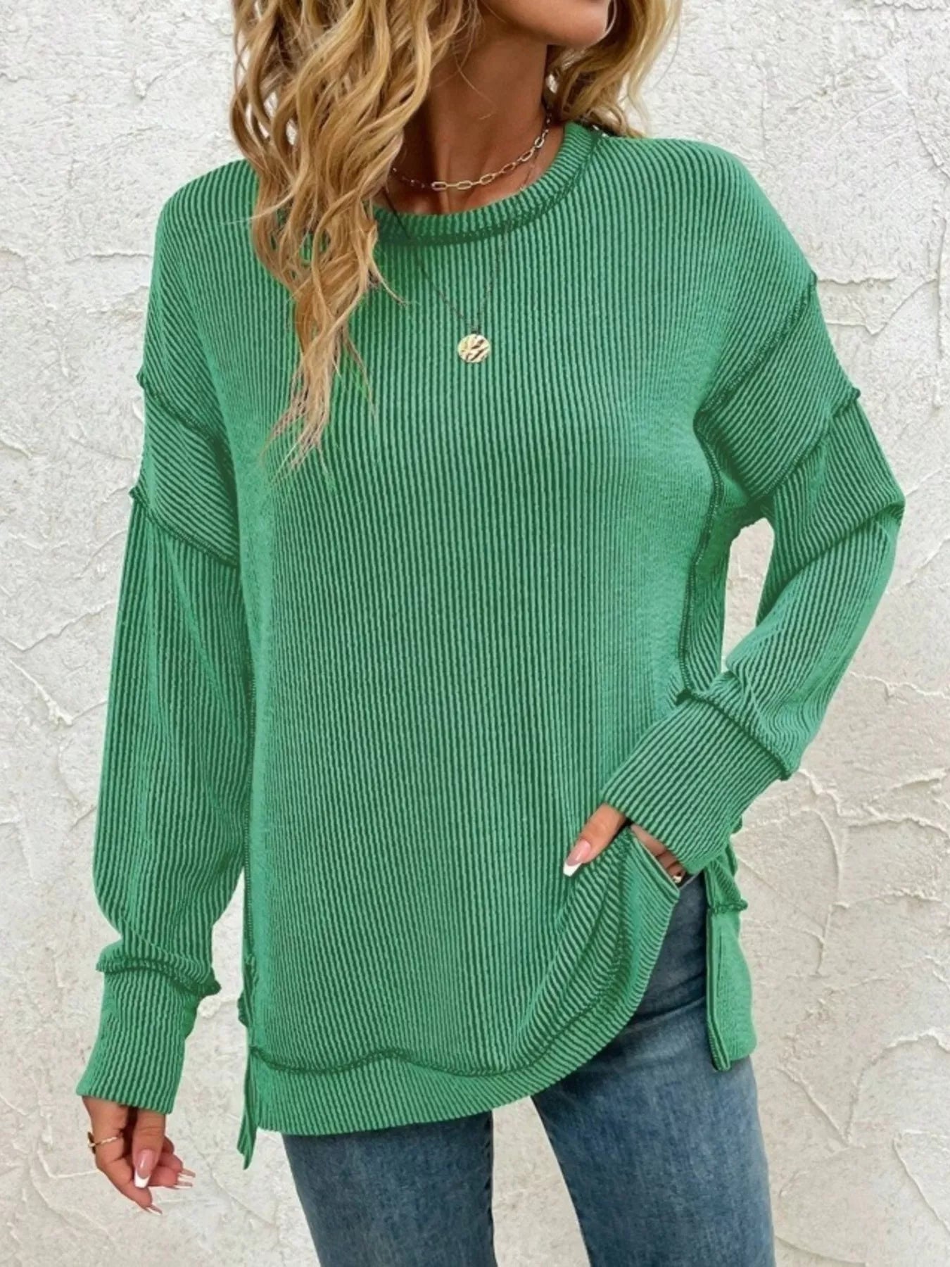 Side Slit Round Neck Dropped Shoulder Sweatshirt-Sweaters-Krush Kandy, Women's Online Fashion Boutique Located in Phoenix, Arizona (Scottsdale Area)