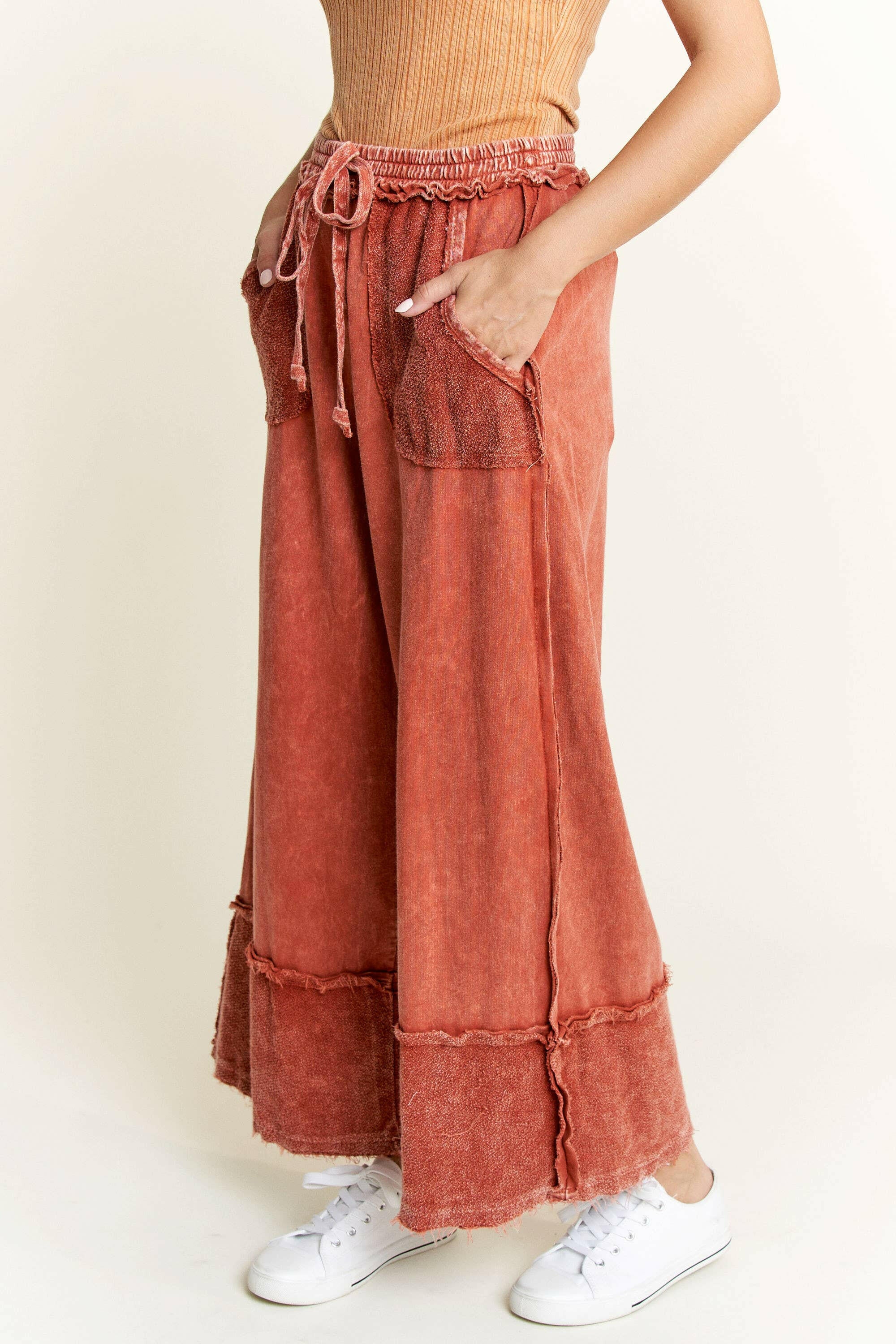 J.HER Mineral Wash Wide Pants with Raw Hem Frayed Details-Pants-Krush Kandy, Women's Online Fashion Boutique Located in Phoenix, Arizona (Scottsdale Area)