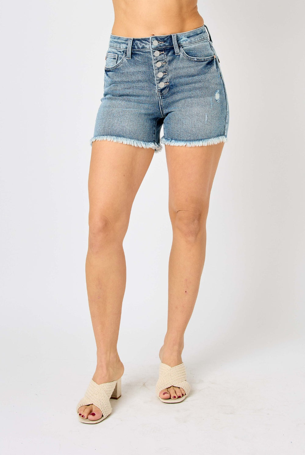 Judy Blue Full Size Button Fly Raw Hem Denim Shorts-Denim-Krush Kandy, Women's Online Fashion Boutique Located in Phoenix, Arizona (Scottsdale Area)