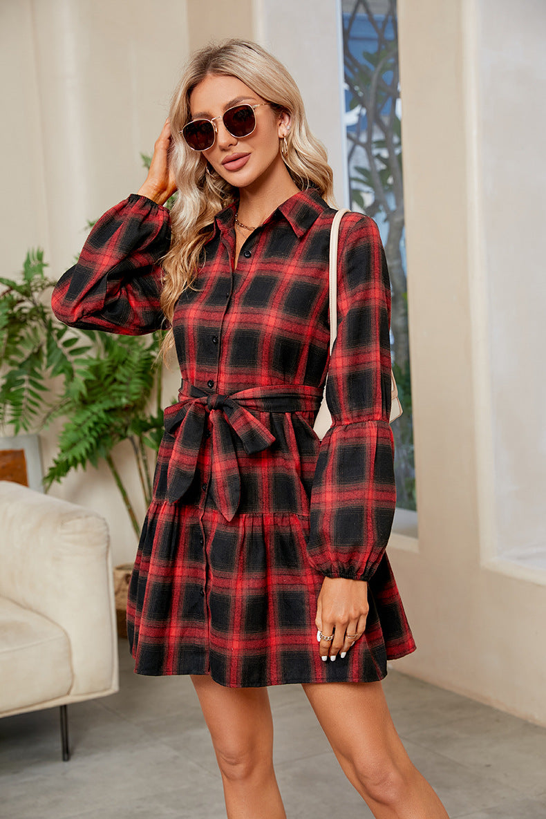 Plaid Print Tie Waist Collared Neck Shirt Dress-Dresses-Krush Kandy, Women's Online Fashion Boutique Located in Phoenix, Arizona (Scottsdale Area)