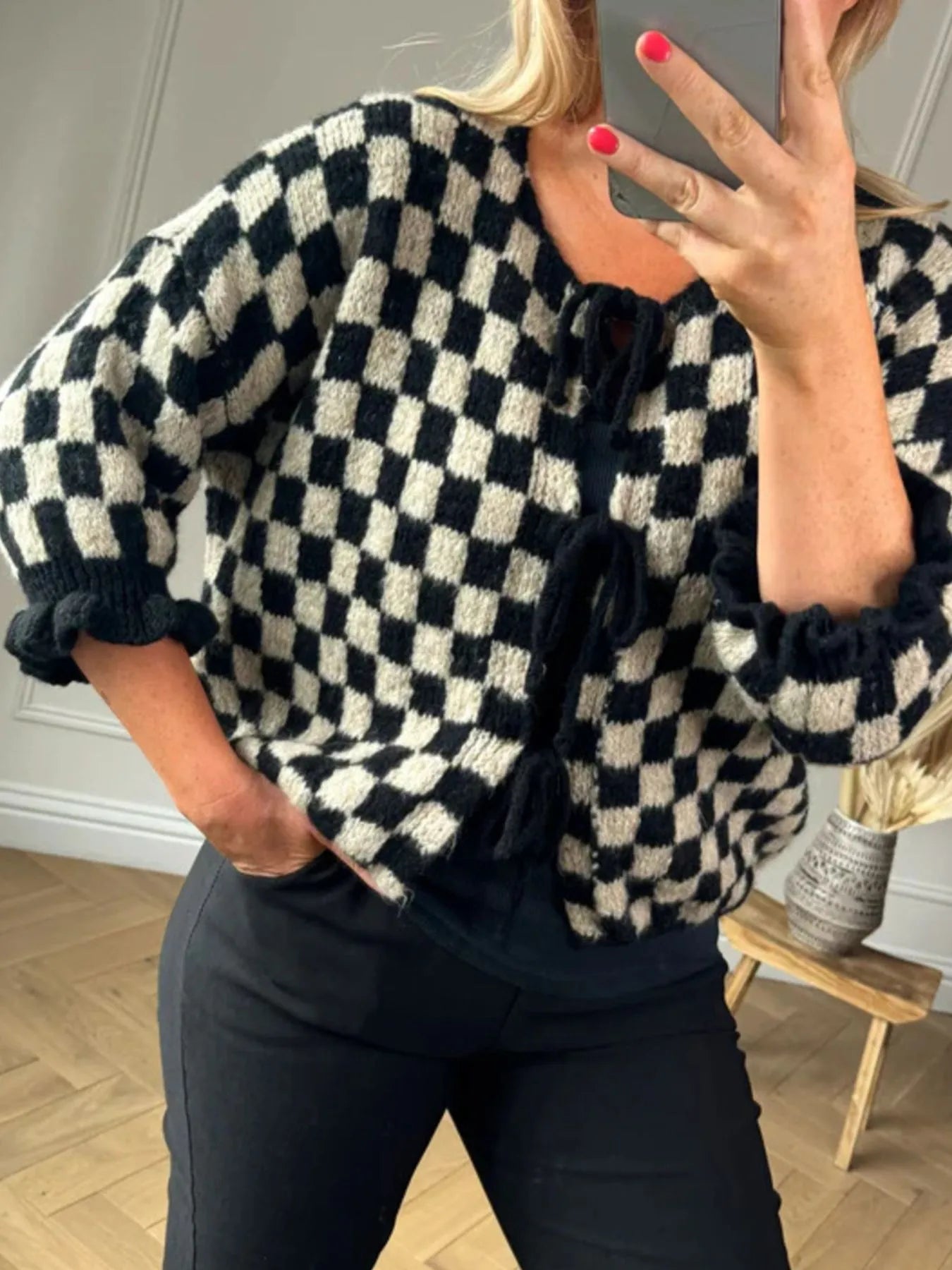 Checkered Tie-Front Knit Cardigan-Cardigan-Krush Kandy, Women's Online Fashion Boutique Located in Phoenix, Arizona (Scottsdale Area)