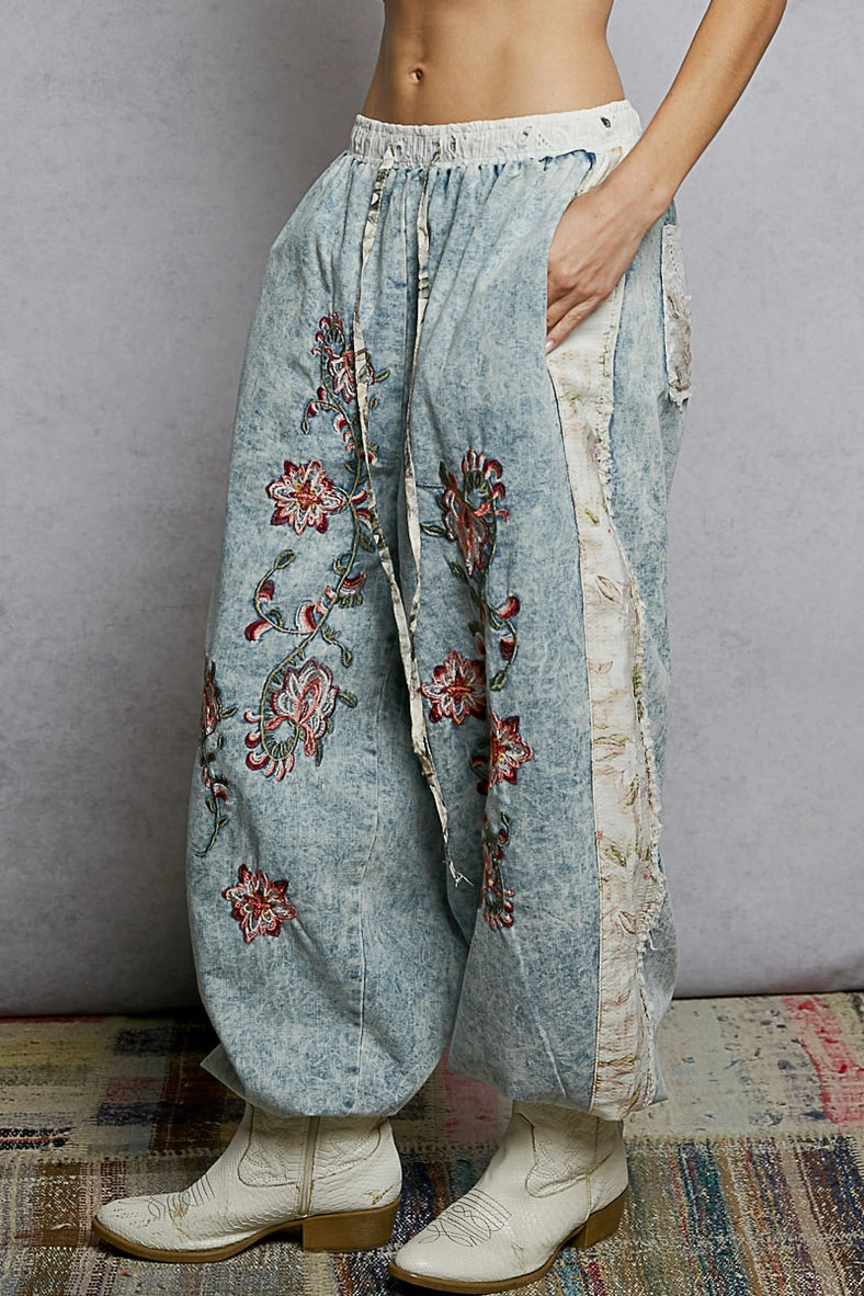 Floral Patch Denim Joggers | Vintage Wash Statement Pants | Krush Floral Patch Denim Joggers | Vintage Wash Statement Pants | Krush