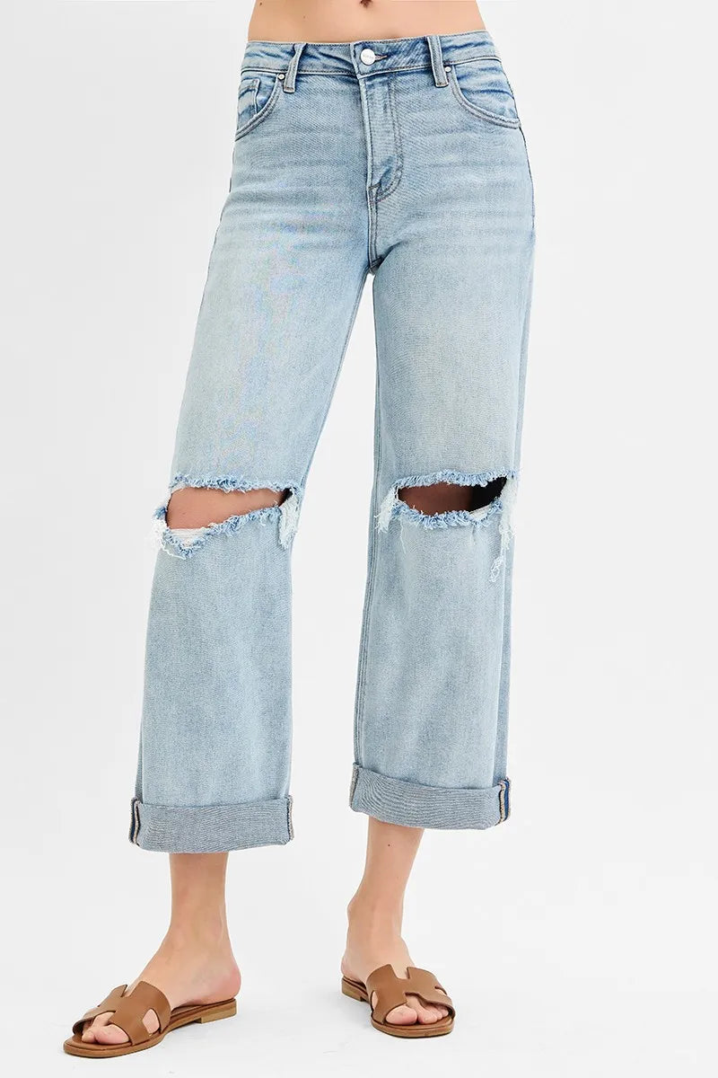 RISEN Full Size Mid Rise Fit Boyfriend Jeans with Cuff Plus Size-Denim-Krush Kandy, Women's Online Fashion Boutique Located in Phoenix, Arizona (Scottsdale Area)